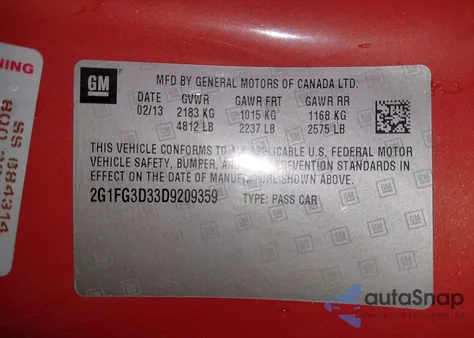 2013 Chevrolet Camaro 2Lt z USA, uszkodzony, nr VIN 2G1FG3D33D9209359